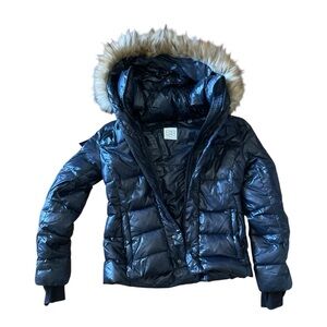 S13 NY Shiny Black Down Puffer Jacket with Faux Fur Hood